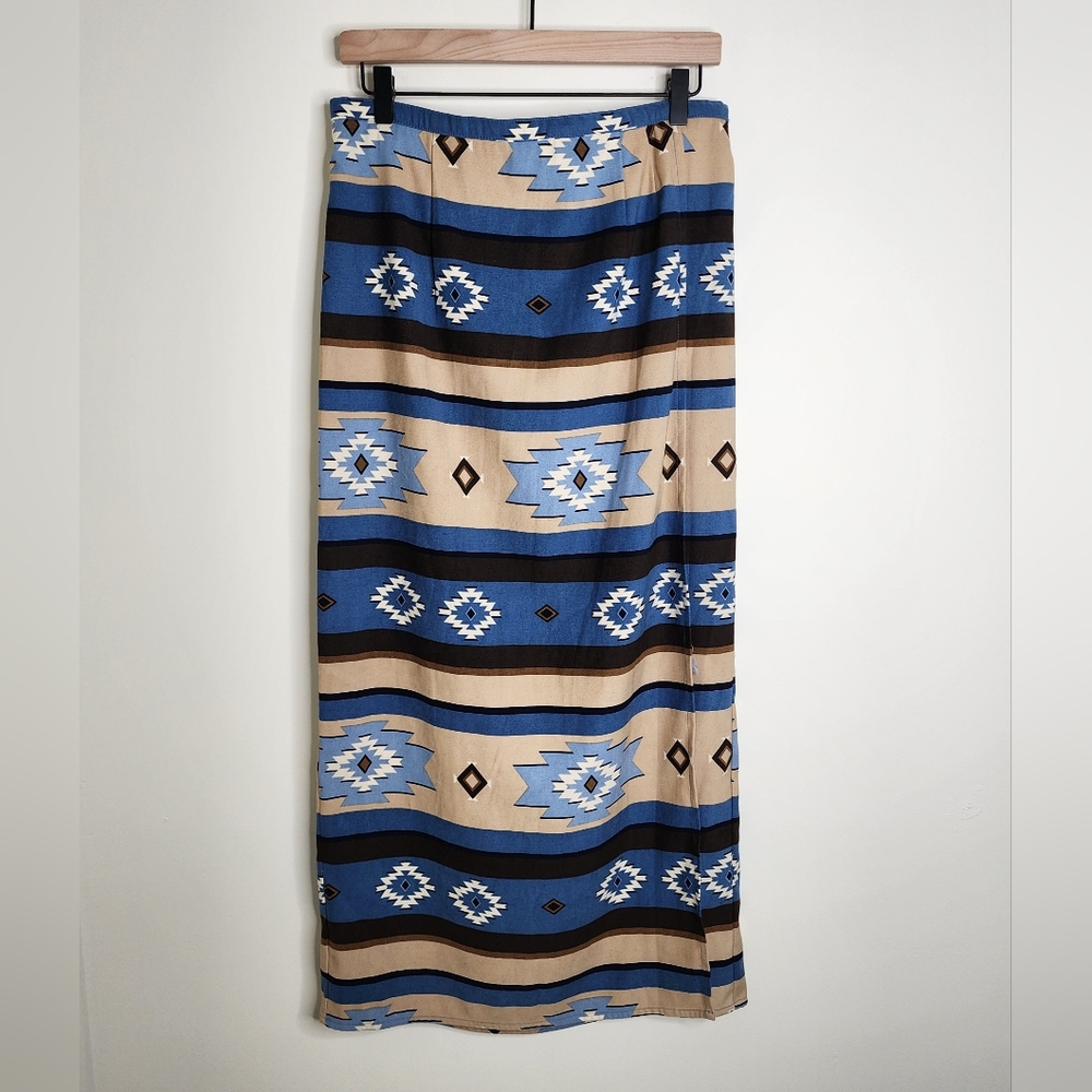 Vintage Capacity Blue & Beige Aztec Southwestern Faux Wrap Maxi Skirt Medium